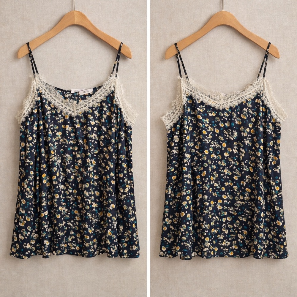 DOROTHEE SCHUMACHER Silk Floral Lace Trim Camisole Top Navy Designer - Picture 2 of 11